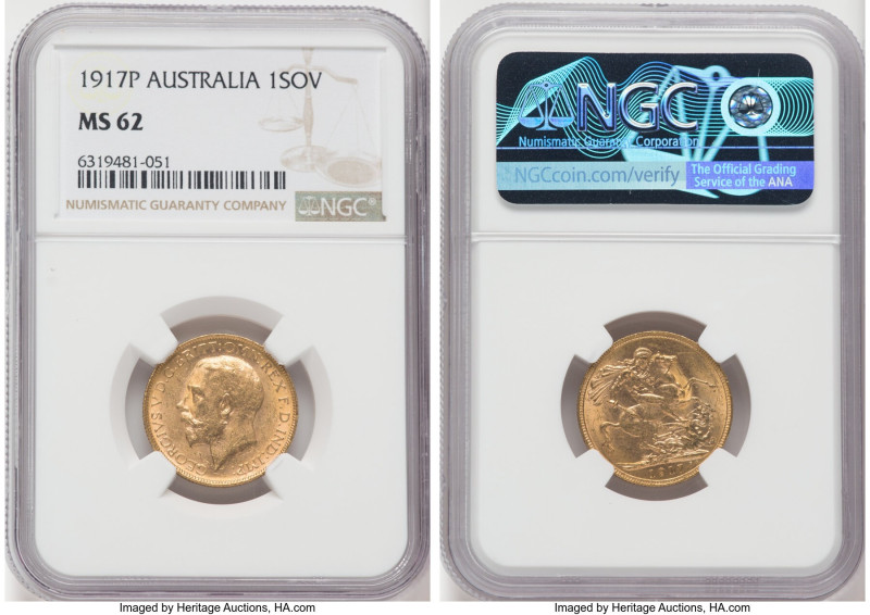 George V gold Sovereign 1917-P MS62 NGC, Perth mint, KM29, S-4001. HID0980124201...