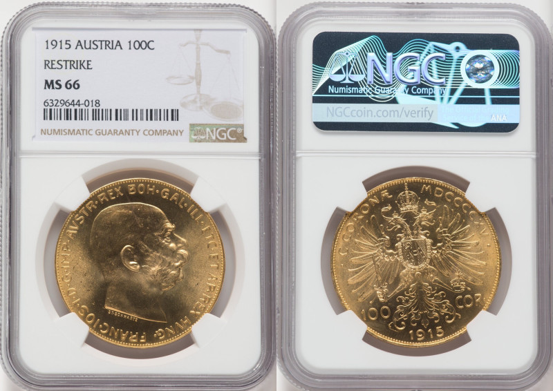 Franz Joseph I gold Restrike 100 Corona 1915 MS66 NGC, Vienna mint, KM2819, Fr-5...