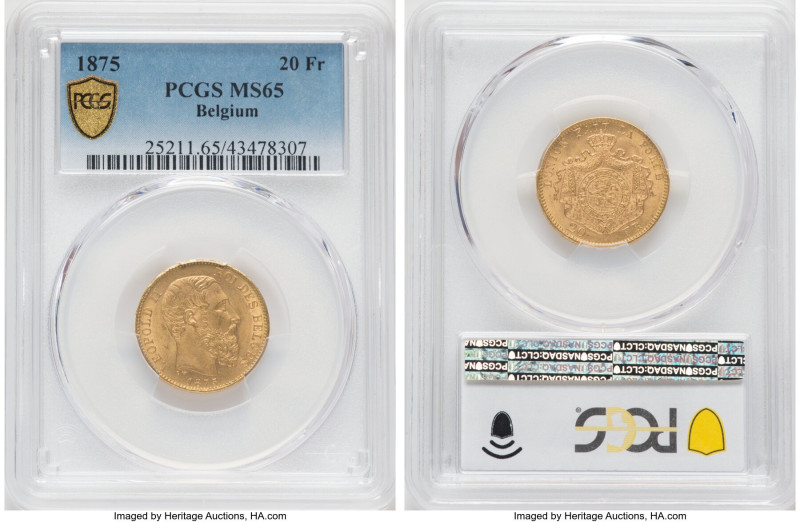 Leopold II gold 20 Francs 1875 MS65 PCGS, Brussels mint, KM37, Fr-412. HID098012...