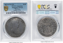 Ferdinand VII "FERDIN IIV" 8 Reales 1813 PTS-PJ Fine Details (Plugged) PCGS, Potosi mint, KM84, Cal-1376. A classic and sought-after variety where the...