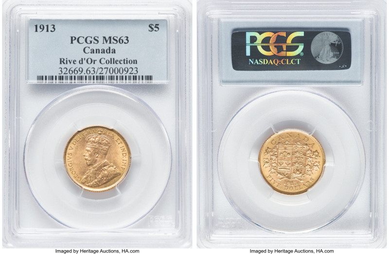 George V gold 5 Dollars 1913 MS63 PCGS, Ottawa mint, KM26, Fr-4. Ex. Rive d'Or C...