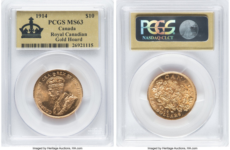 George V gold 10 Dollars 1914 MS63 PCGS, Ottawa mint, KM27, Fr-3. Royal Canadian...