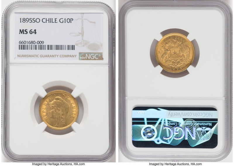 Republic gold 10 Pesos 1895-So MS64 NGC, Santiago mint, KM154, Fr-49. One year t...