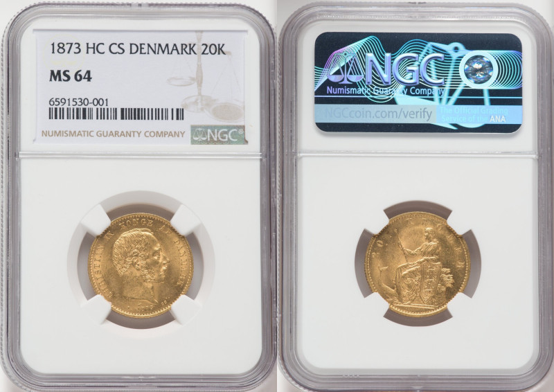 Christian IX gold 20 Kroner 1873 (h)-CS MS64 NGC, Copenhagen mint, KM810, Fr-295...