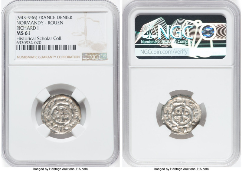 Normandy. Richard I Denier ND (943-996) MS61 NGC, Rouen mint mint, Dup-16. 21mm....