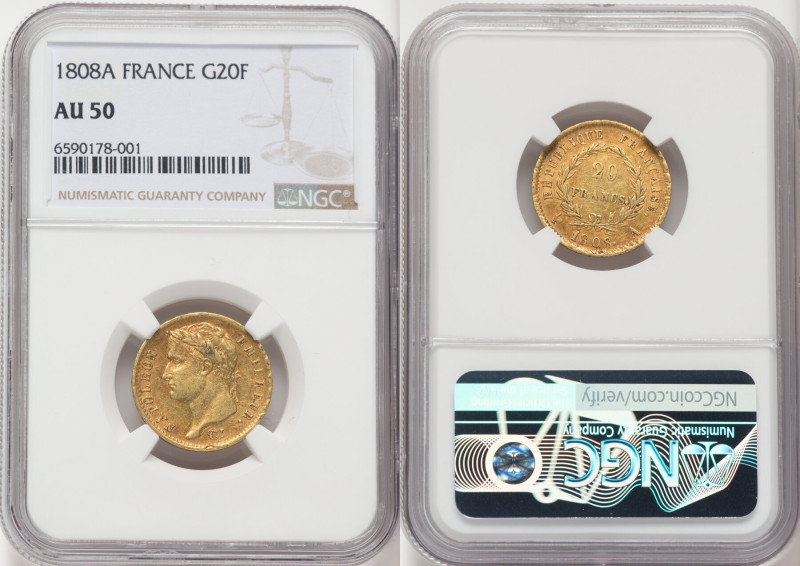 Napoleon gold 20 Francs 1808-A AU50 NGC, Paris mint, KM687.1, Gad-1024, Fr-499. ...