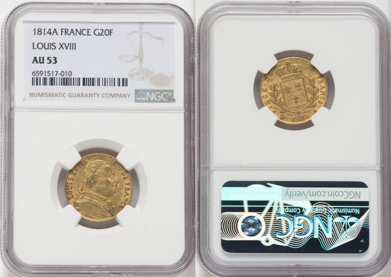 Louis XVIII gold 20 Francs 1814-A AU53 NGC, Paris mint, KM706.1, Fr-525. HID0980...