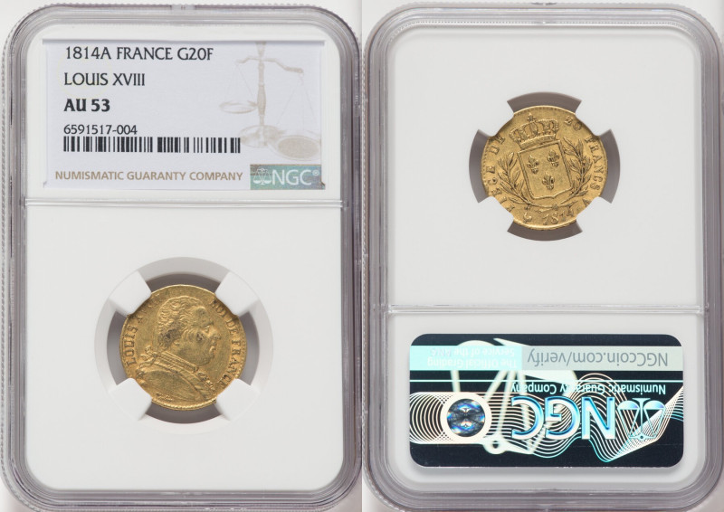 Louis XVIII gold 20 Francs 1814-A AU53 NGC, Paris mint, KM706.1, Fr-525. HID0980...