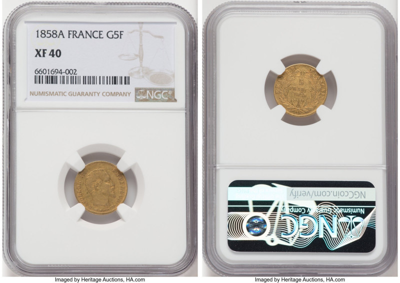 Napoleon III gold 5 Francs 1858-A XF40 NGC, Paris mint, KM787.1, Fr-578a. HID098...