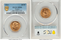Republic gold 20 Francs 1911 MS66 PCGS, KM857, Gad-1064a, F-535. HID09801242017 © 2022 Heritage Auctions | All Rights Reserved