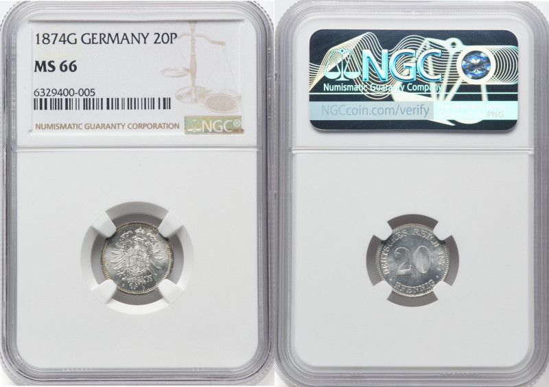 Wilhelm II 20 Pfennig 1874-G MS66 NGC, Karlsruhe mint, KM5, J-5. HID09801242017 ...