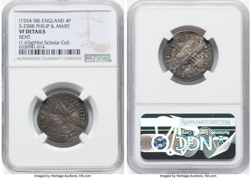 Philip II of Spain & Mary Groat ND (1554-1558) VF Details (Bent) NGC, Tower mint...