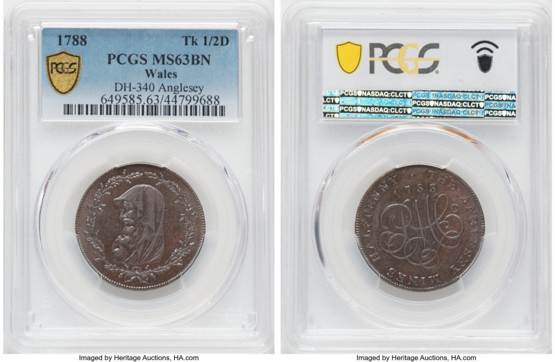 Wales. Anglesey copper 1/2 Penny Token 1788 MS63 Brown PCGS, D&H-340. Druid's he...