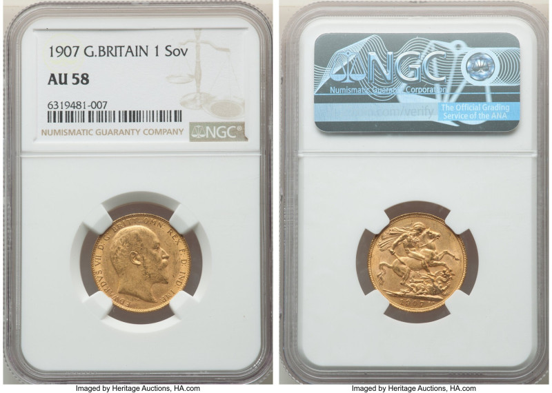 Edward VII gold Sovereign 1907 AU58 NGC, KM805, S-3969. HID09801242017 © 2022 He...