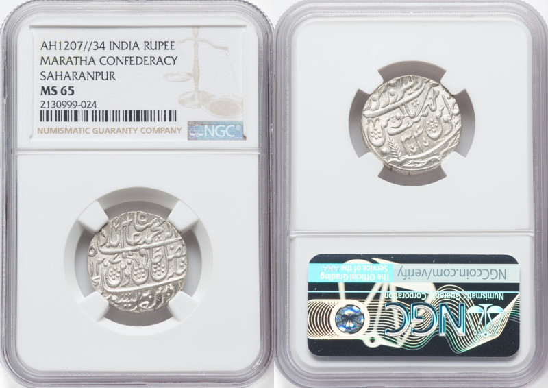 Maratha Confederacy. Anonymous Rupee AH 1207 Year 34 (1792/1793) MS65 NGC, Sahar...