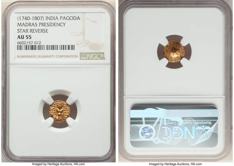 British India. Madras Presidency gold Pagoda ND (1740-1807) AU55 NGC, Fort St. G...