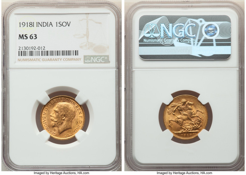 British India. George V gold Sovereign 1918-I MS63 NGC, Bombay mint, KM-A525, S-...