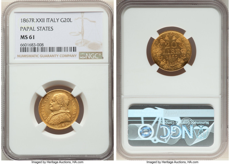 Papal States. Pius IX gold 20 Lire Anno XXII (1867)-R MS61 NGC, Rome mint, KM138...