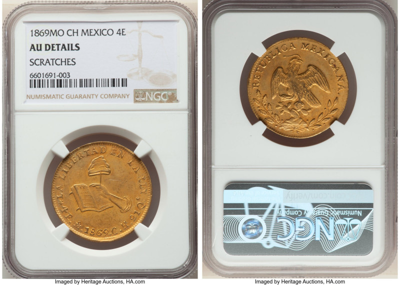 Republic gold 4 Escudos 1869 Mo-CH AU Details (Scratches) NGC, Mexico City mint,...