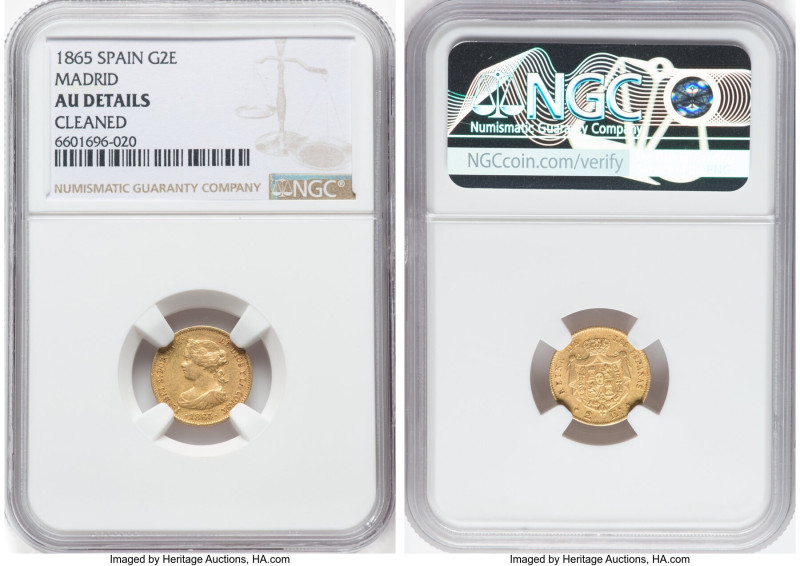 Isabel II gold 2 Escudos 1865 AU Details (Cleaned) NGC, Madrid mint, KM630, Fr-3...