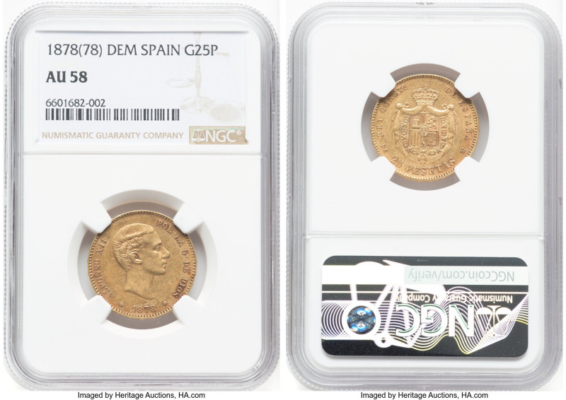 Alfonso XII gold 25 Pesetas 1878(78) DE-M AU58 NGC, Madrid mint, KM673, Fr-342. ...