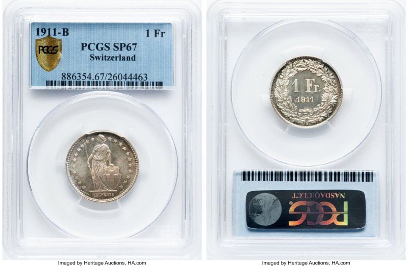 Confederation Specimen Franc 1911-B SP67 PCGS, Bern mint, KM24, HMZ-21204u. HID0...
