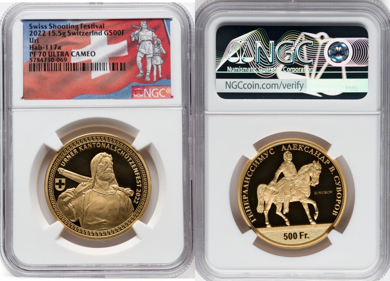 Confederation gold Proof "Canton Uri Shooting Festival" 500 Francs 2022 PR70 Ult...