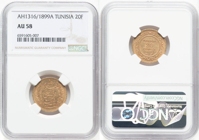 French Protectorate. Ali Bey gold 20 Francs AH 1316 (1899)-A AU58 NGC, Paris min...