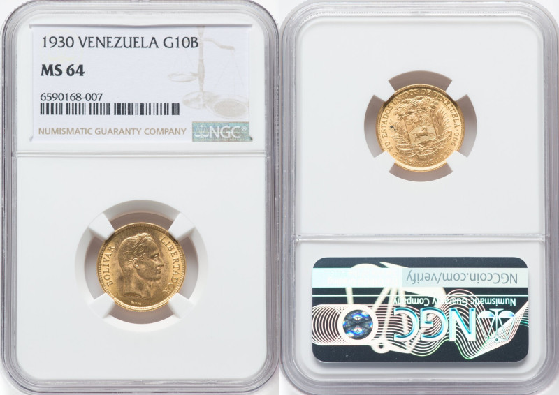 Republic gold 10 Bolivares 1930-(p) MS64 NGC, Philadelphia mint, KM-Y31, Fr-6. H...