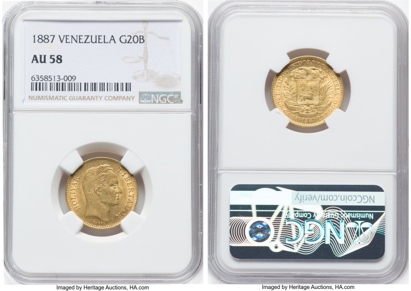 Republic gold 20 Bolivares 1887-(c) AU58 NGC, Caracas mint, KM-Y32, Fr-5b. HID09...