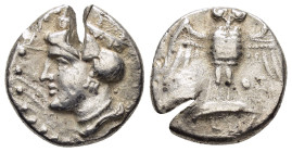 PONTUS.Amisos.(Circa 435-370 BC).Siglos.

Obv : Head of Hera left, wearing ornamented stephanos.

Rev : Owl, with wings spread, standing facing on shi...