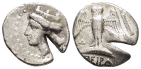 PONTUS.Amisos.(Circa 435-370 BC).Siglos.

Obv : Head of Hera left, wearing ornamented stephanos.

Rev : Owl, with wings spread, standing facing on shi...