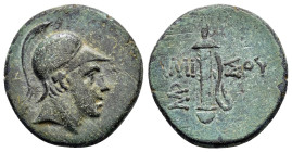 PONTUS.Amisos.Time of Mithradates VI.(Circa 111-90 BC).Ae.

Obv : Helmeted head of Ares to right.

Rev : AMIΣOY.
Sword in sheath; monogram to lower le...