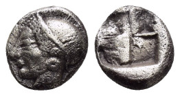 IONIA.Phokaia.(Circa 521-478 BC).Diobol.

Obv : Archaic female head left, wearing earring and helmet or close fitting cap.

Rev : Quadripartite incuse...
