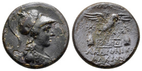 PHRYGIA. Apameia.(Circa 88-40 BC). Ae.

Obv : Helmeted bust of Athena right, wearing aegis.

Rev : AΠAMEΩN ANΔPONIKOY AΛKIOY.
Eagle landing right on m...
