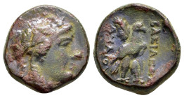 SYRIA.Seleukid Kingdom.Achaios.(220-214 BC).Sardes.Ae.

Obv : Laureate head of Apollo right.

Rev : BAΣΙΛΕΩΣ / AXAIOY.
Eagle standing right, with palm...