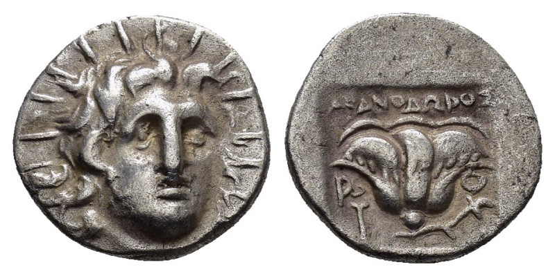 CARIA.Rhodes.(Circa 88-84 BC).Drachm.

Obv : Radiate head of Helios right.

Rev ...