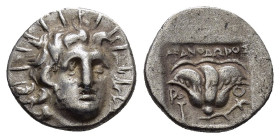 CARIA.Rhodes.(Circa 88-84 BC).Drachm.

Obv : Radiate head of Helios right.

Rev : Rose with bud to left

Weight : 1.3 gr
Diameter : 12 mm