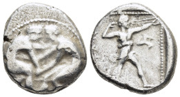 PAMPHYLIA.Aspendos.(Circa 420-370 BC).Stater.

Obv : Two wrestlers grappling.

Rev : EΣTFEΔIIYΣ.
Slinger in throwing stance right, triskeles in right ...