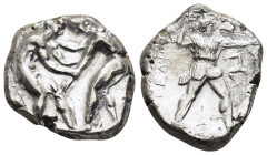 PAMPHYLIA.Aspendos.(Circa 420-370 BC).Stater.

Obv : Two wrestlers grappling.

Rev : EΣTFEΔIIYΣ.
Slinger in throwing stance right, triskeles in right ...