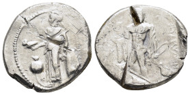 PAMPHYLIA. Side.(Circa 370-360 BC).Stater.

Obv : Athena standing left, supporting shield and spear and holding Nike, pomegranate to left.

Rev : Apol...