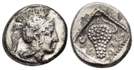CILICIA. Soloi.(Circa 410-375 BC).Stater.

Obv : Helmeted head of Athena right.

Rev : ΣΟΛ.
Grape bunch, with two tendrils; all within incuse lozenge....