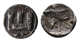 SAMARIA, "Middle or Southern Levantine" Series. Circa 375-333 BC. AR Obol.
Phoenician galley sailing left; city wall in background; below, lion(?) le...