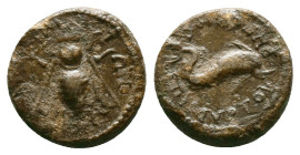 IONIA. Smyrna. Pseudo-autonomous. Time of Domitian (81-96). Ae. Myrton, stephanophoros and daughter of the people and Reginus, strategos.
Obv: ZΜΥΡΝΑ...