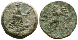 Greek
(Bronze, 24.16gr 28,66 mm) CILICIA. Tarsos. (Circa164-27 BC). AE
Tyche seated left on stool, holding grain ear; below, river god Kydnos swimmi...