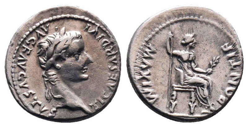 TIBERIUS. Denarius. 14-37 AD Lugdunum. Obv: Laureate head of Tiberius right hold...