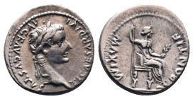 TIBERIUS. Denarius. 14-37 AD Lugdunum. Obv: Laureate head of Tiberius right holding sceptre, around legend: TI CAESAR DIVI AVGVSTVS. Rev: Livia seated...