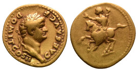 Domitian. As Caesar, AD 69-81. AV Aureus. Rome mint. Struck under Vespasian, AD 73. CAES AVG F DOMIT COS II, laureate head right / Domitian on horse r...