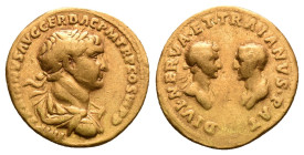 Trajan, with Trajan Pater and Nerva AV Aureus. Rome, AD 112-113. IMP TRAIANVS AVG GER DAC P M TR P COS VI P P, laureate, draped, and cuirassed bust of...