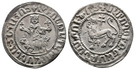 ARMENIA, Cilician Armenia. Royal. Levon I, 1198-1219. Double Tram (Silver, 27 67mm, 5.47g, ). Levon seated facing on throne decorated with lions, plac...